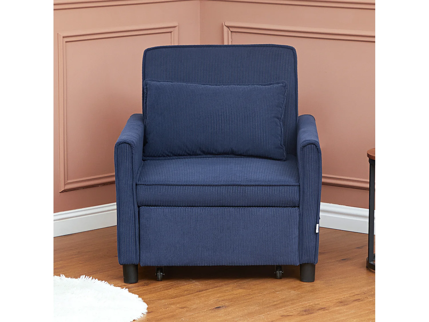 Fauteuil 3-en-1 blu in velluto con lit escamotable, dossier regolabile e roulette