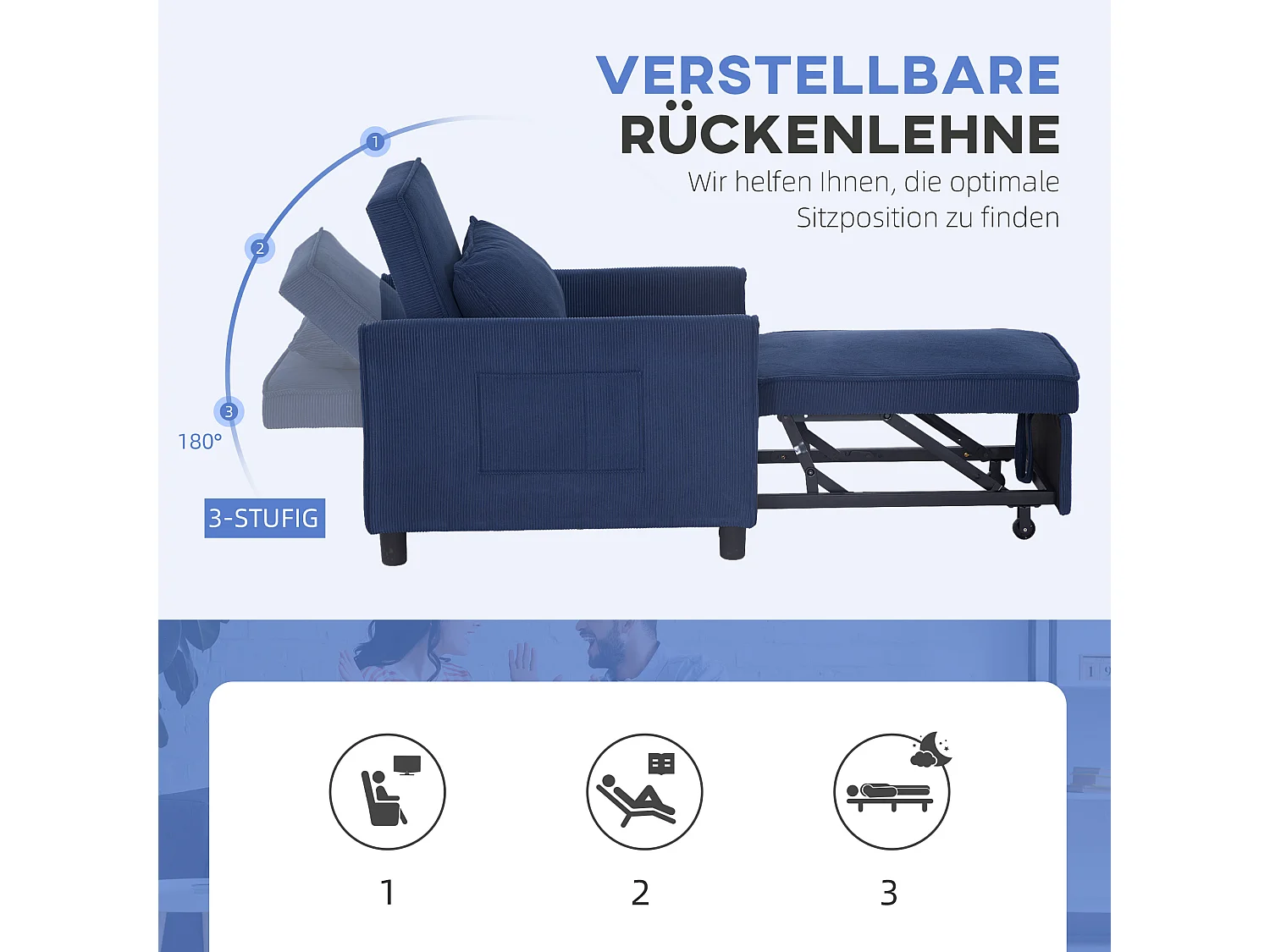 Poltrona 3 em 1 de veludo azul com cama dobrável, encosto ajustável e rodízios