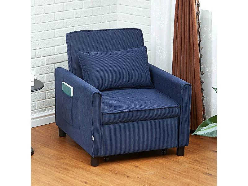 Fauteuil 3-en-1 blu in velluto con lit escamotable, dossier regolabile e roulette