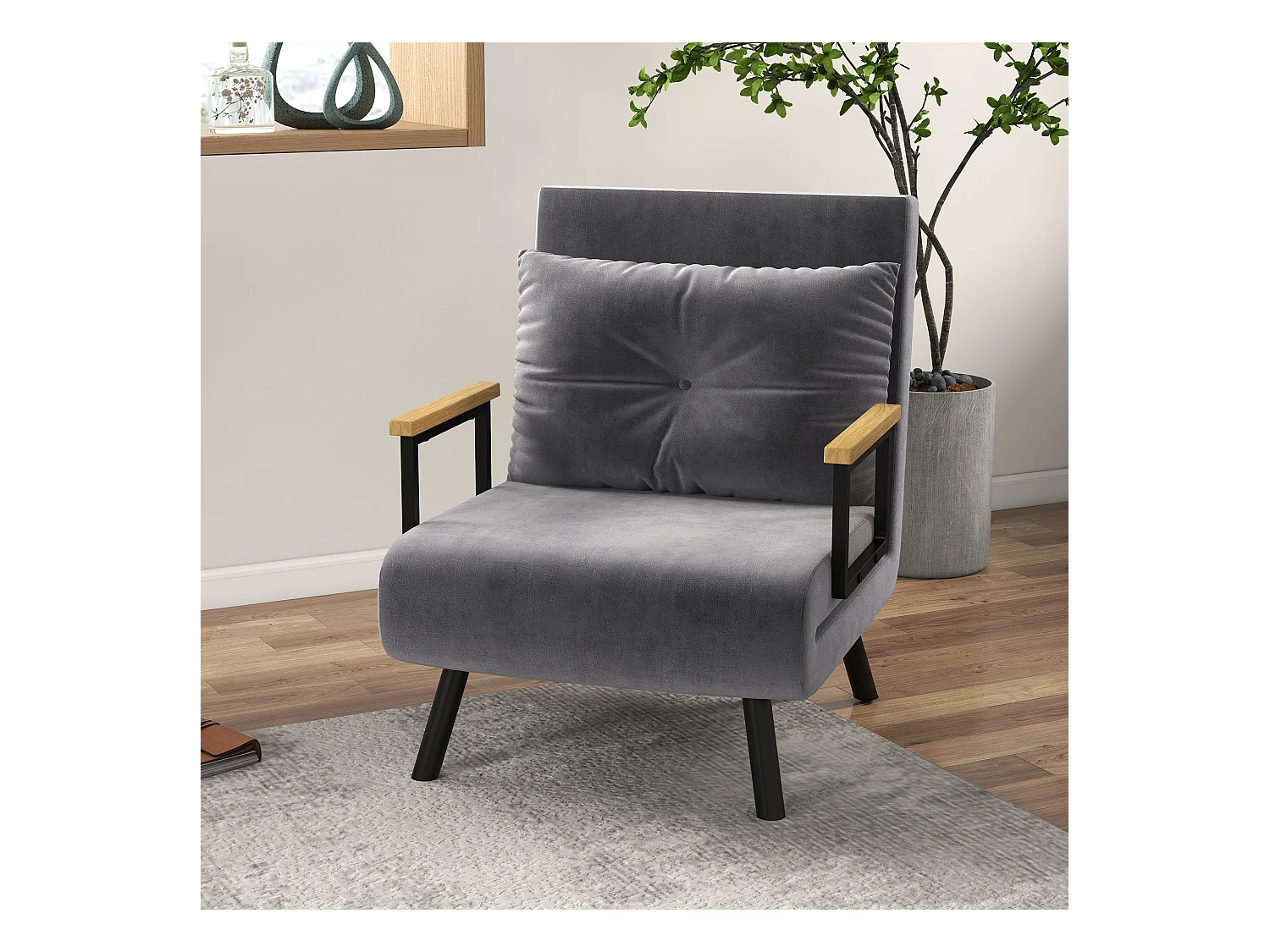 Sillón cama convertible de terciopelo con respaldo reclinable para salón o dormitorio gris oscuro