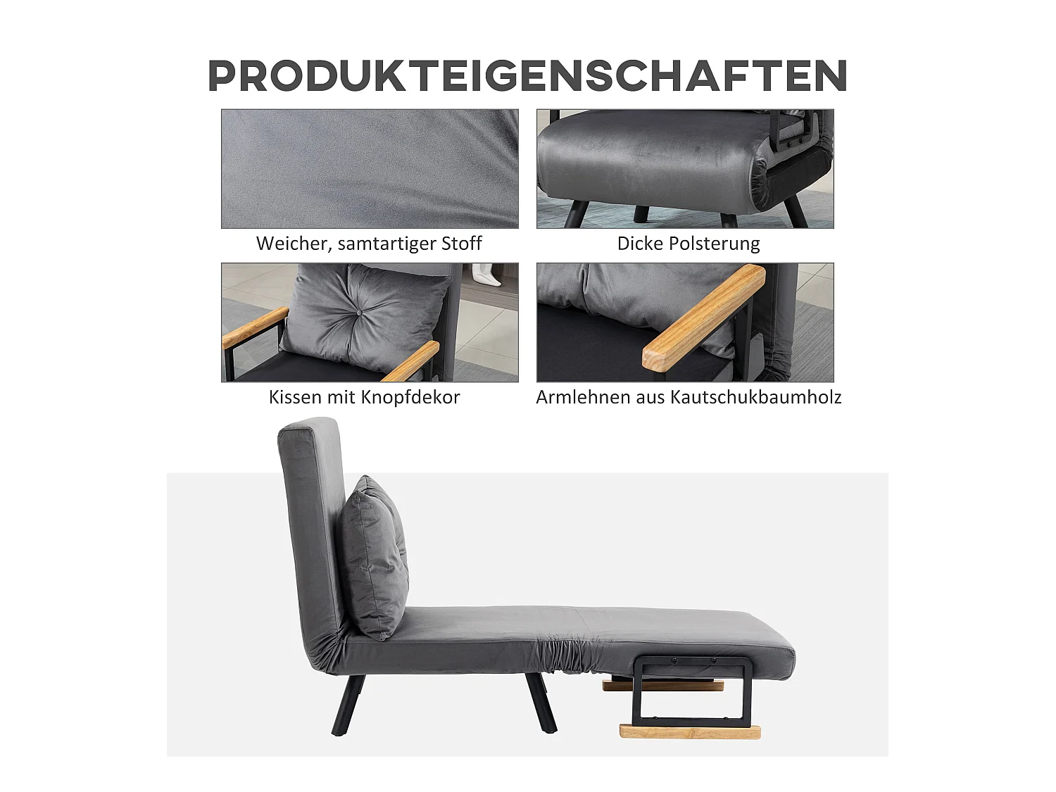 Sillón cama convertible de terciopelo con respaldo reclinable para salón o dormitorio gris oscuro