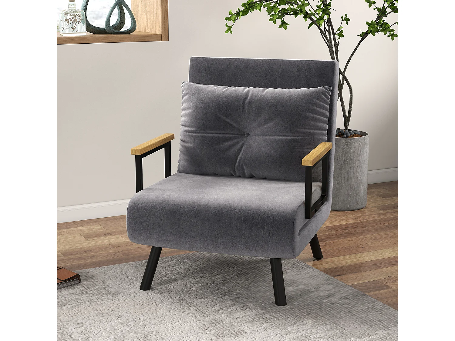 Sillón cama convertible de terciopelo con respaldo reclinable para salón o dormitorio gris oscuro