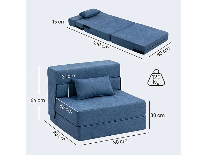 Sofá-cama conversível 3 em 1 de flanela, poltrona relaxante com almofada azul escuro