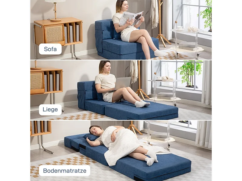 Sofá-cama conversível 3 em 1 de flanela, poltrona relaxante com almofada azul escuro