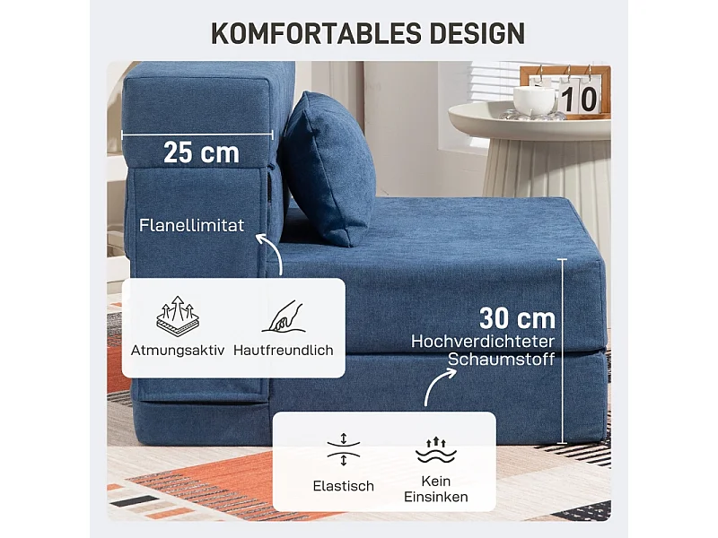 Sofá-cama conversível 3 em 1 de flanela, poltrona relaxante com almofada azul escuro