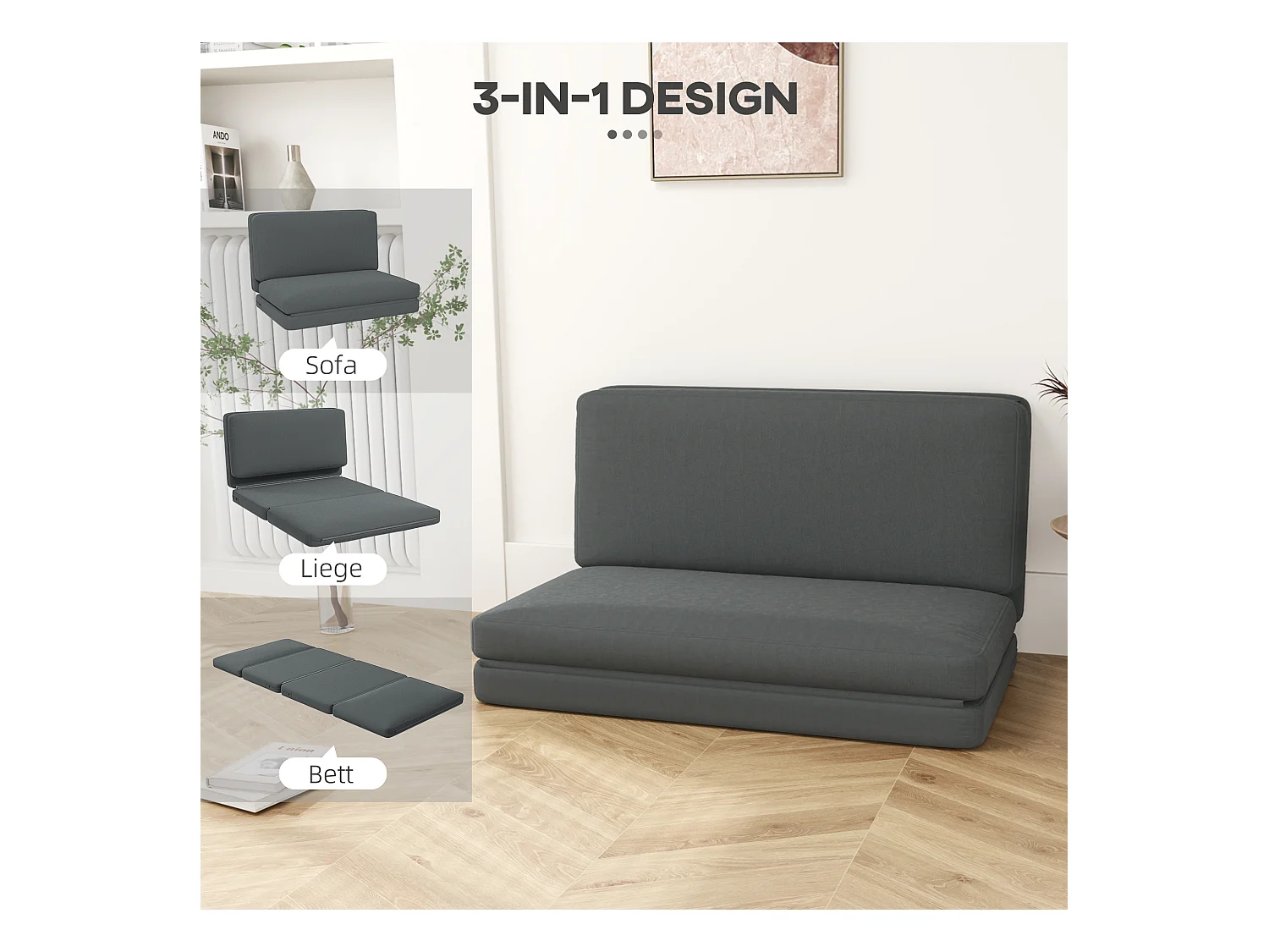 Sofá cama convertible 3 en 1 Bodensofa de terciopelo, tapizado en gris oscuro, 240 kg