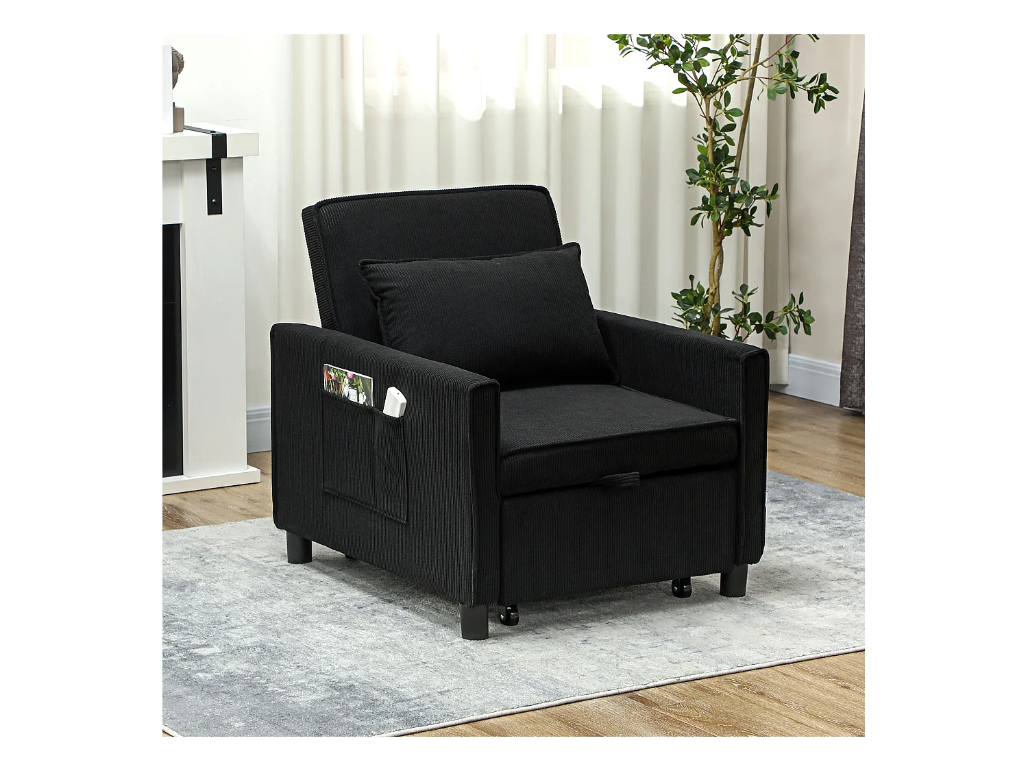 Sillón cama 3 en 1 de pana negra, reclinable 180°, con cojín y almacenaje