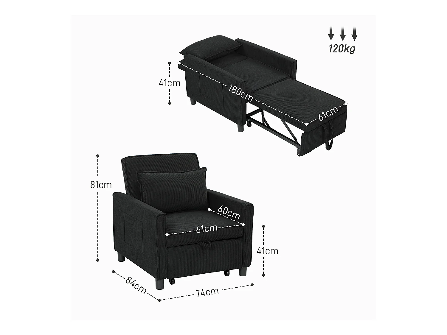 Sillón cama 3 en 1 de pana negra, reclinable 180°, con cojín y almacenaje