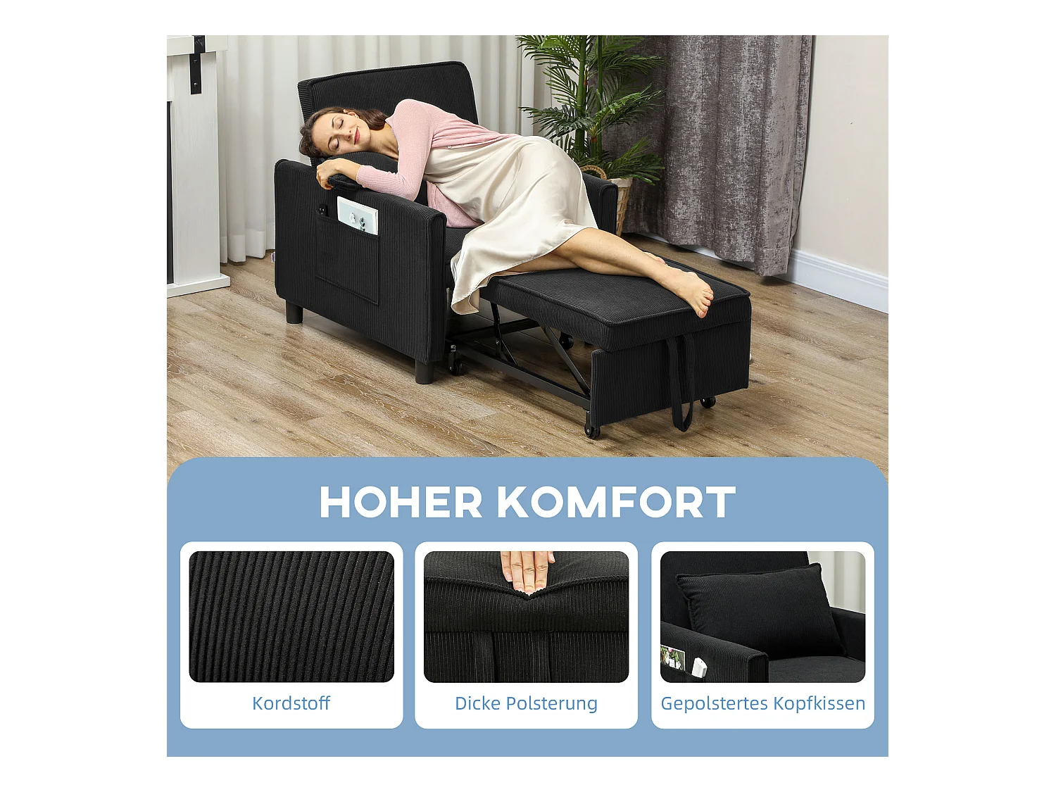 Sillón cama 3 en 1 de pana negra, reclinable 180°, con cojín y almacenaje