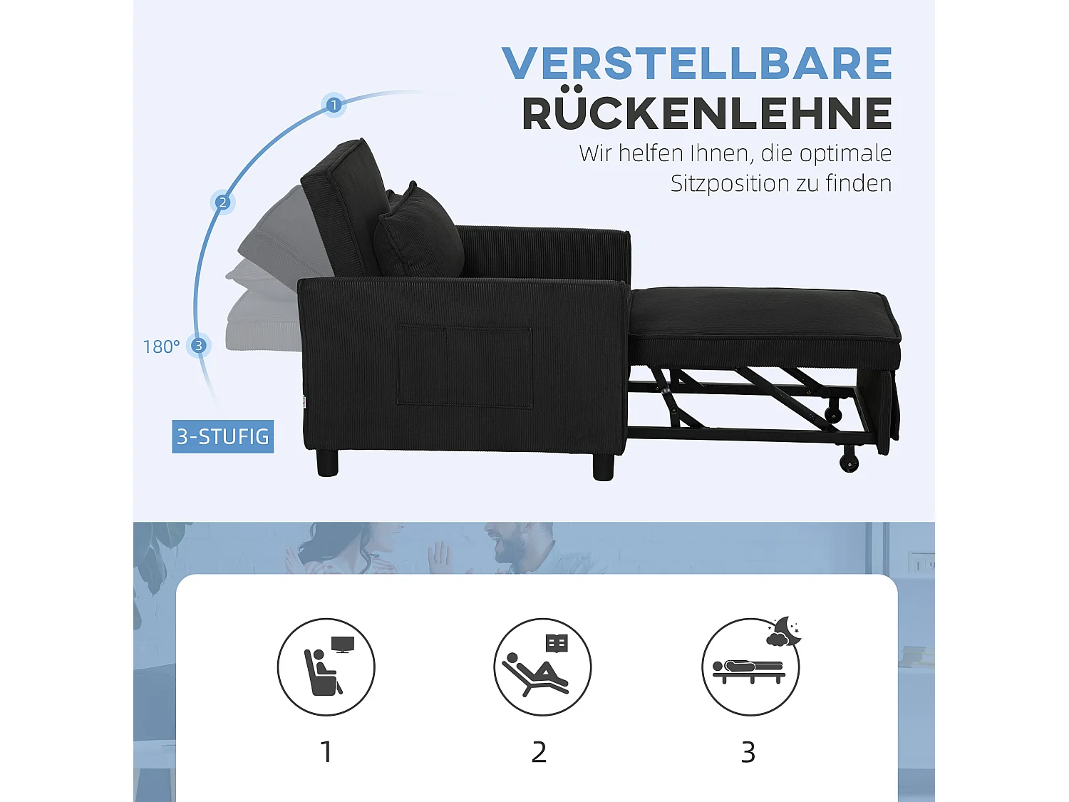 Poltrona-cama 3 em 1 em veludo cotelê preto, reclinável 180°, com almofada e armazenamento