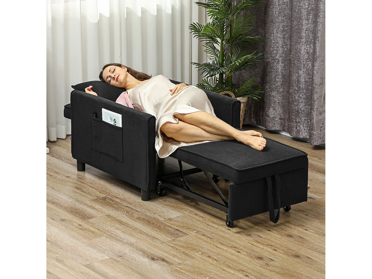 Poltrona-cama 3 em 1 em veludo cotelê preto, reclinável 180°, com almofada e armazenamento