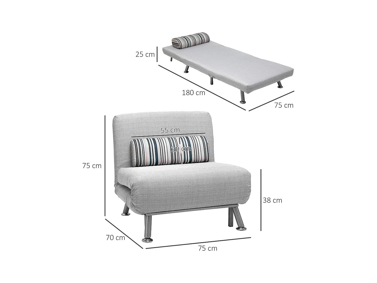 Poltrona conversível em cama dobrável de metal para sala de estar quarto cinza 75x70x75cm