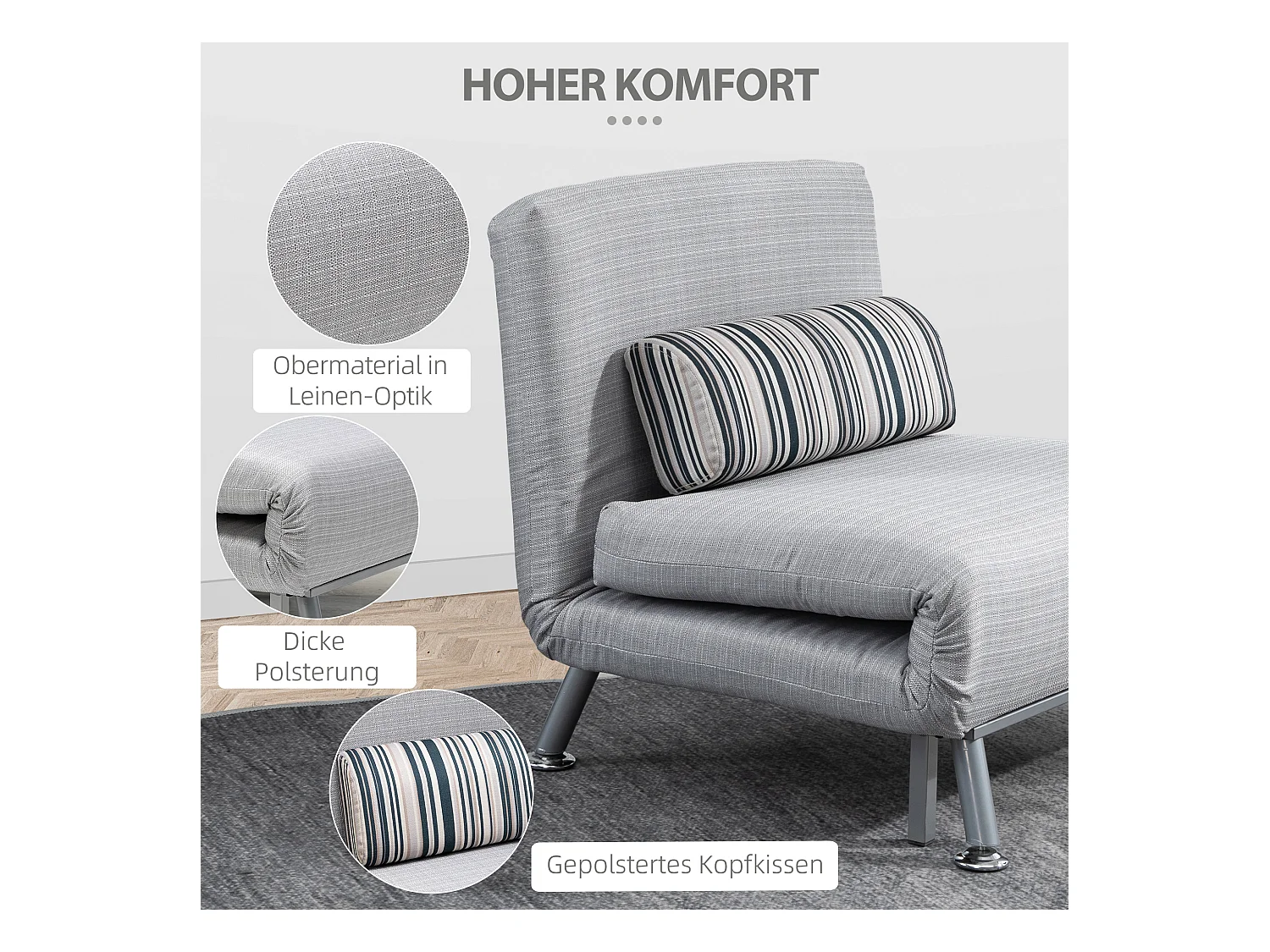 Poltrona conversível em cama dobrável de metal para sala de estar quarto cinza 75x70x75cm