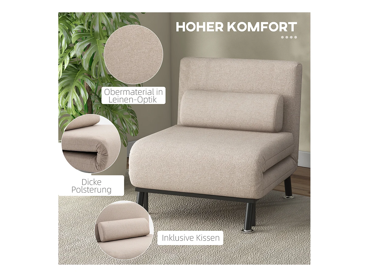 Sofá-cama com cama integrada em tecido linho bege 75x70x75 cm para sala de estar