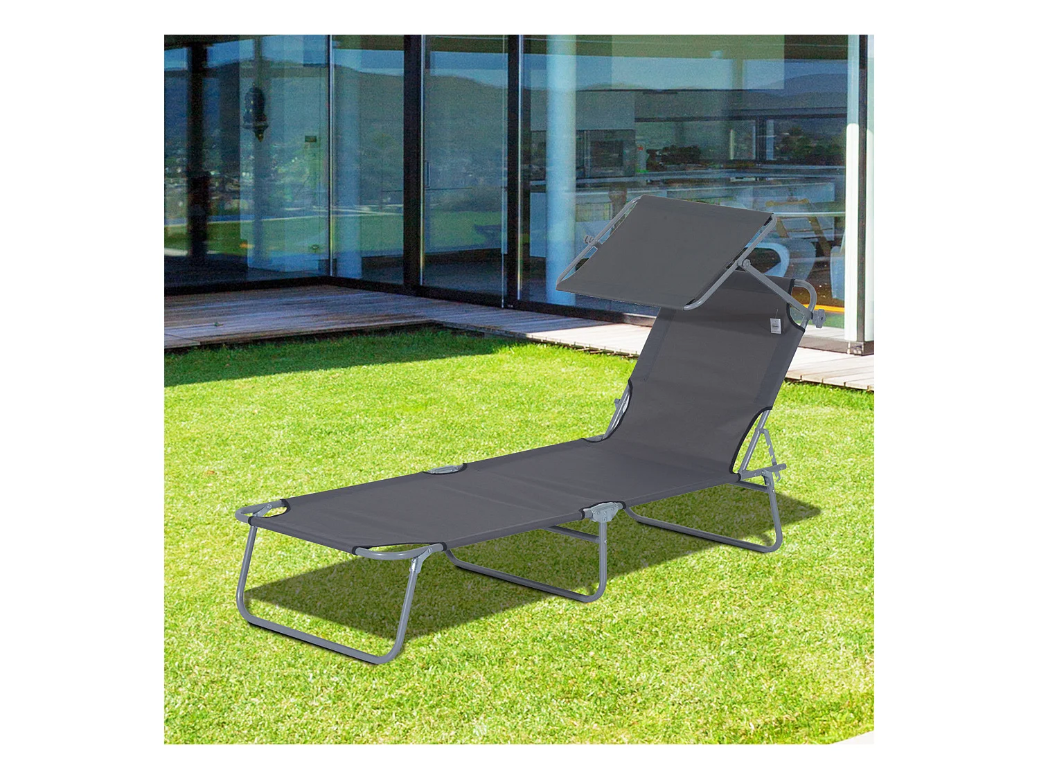 Tumbona plegable con parasol 187x58x36 cm, tumbona para jardín y playa, color gris