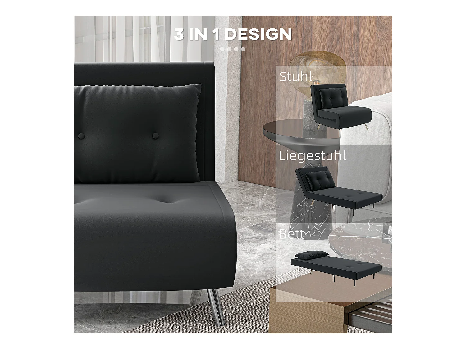 Sofá cama 3 en 1 de terciopelo negro, cama de invitados, relax, 120 kg