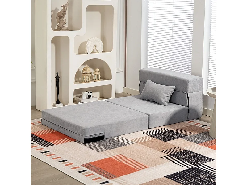 Bodensofa Convertible en Matelas, Fauteuil Relax en Flanelle, Coussin Inclus, Salon et Chambre, Gris Clair, 210 x 80 x 15 cm