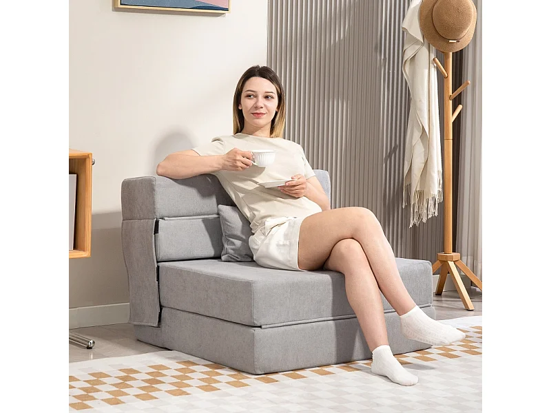 Bodensofa Convertible en Matelas, Fauteuil Relax en Flanelle, Coussin Inclus, Salon et Chambre, Gris Clair, 210 x 80 x 15 cm