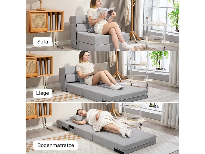 Bodensofa Convertible en Matelas, Fauteuil Relax en Flanelle, Coussin Inclus, Salon et Chambre, Gris Clair, 210 x 80 x 15 cm