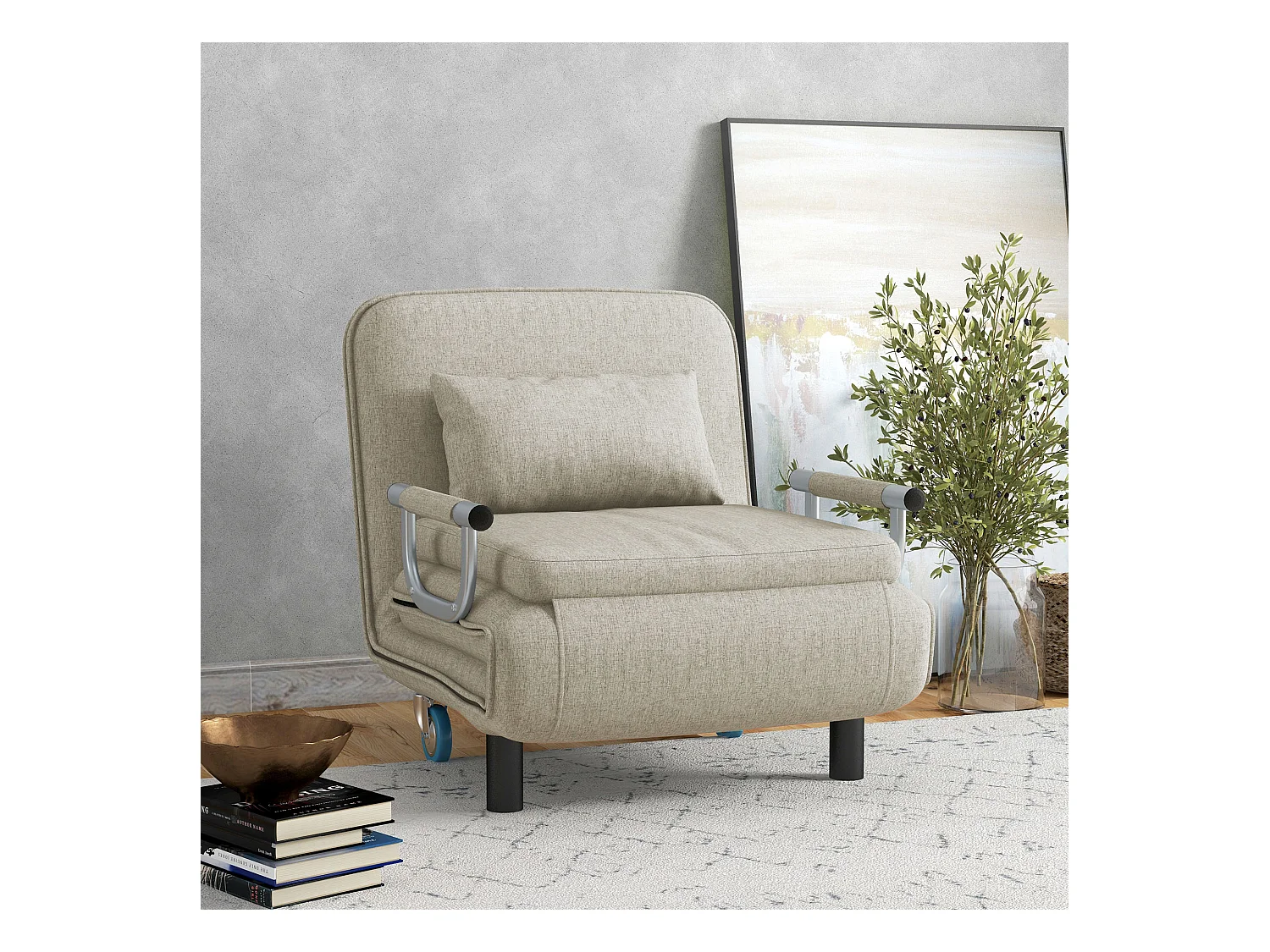 Fauteuil convertibile 3-en-1 tissu lin avec fonction lit salon gris 78x72x83cm