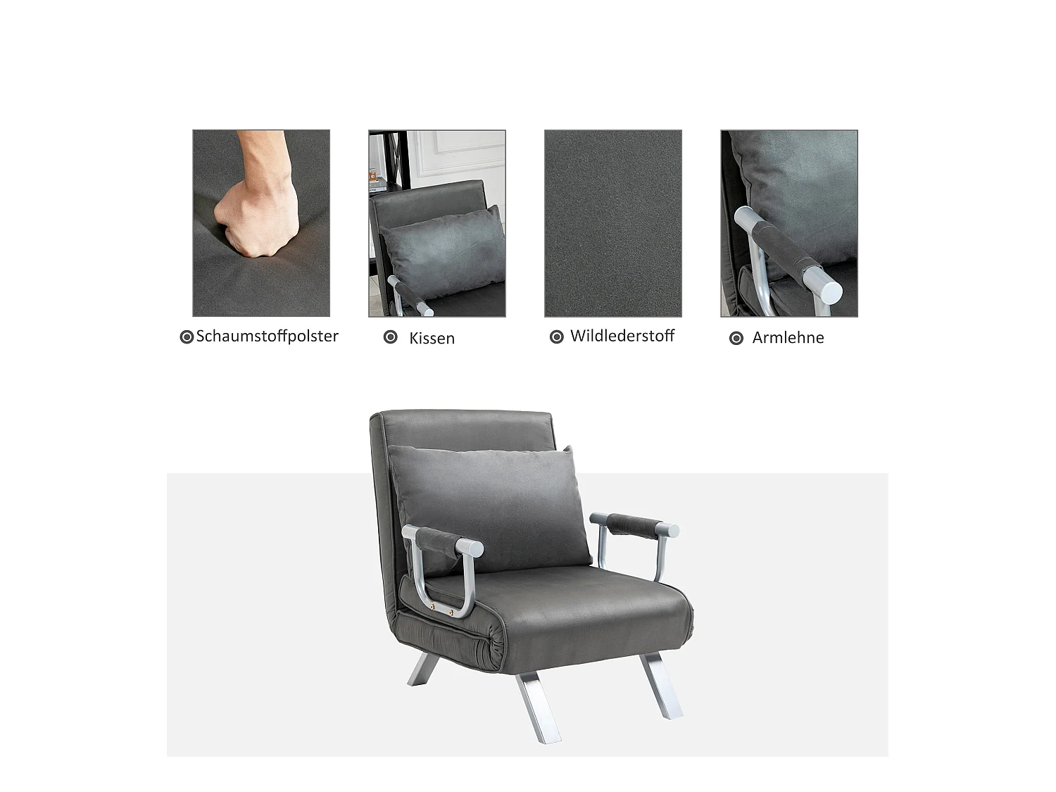 Sofá convertible 3 en 1 en piel sintética 65x69x80cm sillón cama de invitados gris