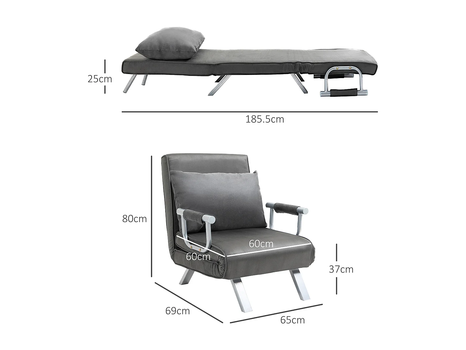 Sofá convertible 3 en 1 en piel sintética 65x69x80cm sillón cama de invitados gris