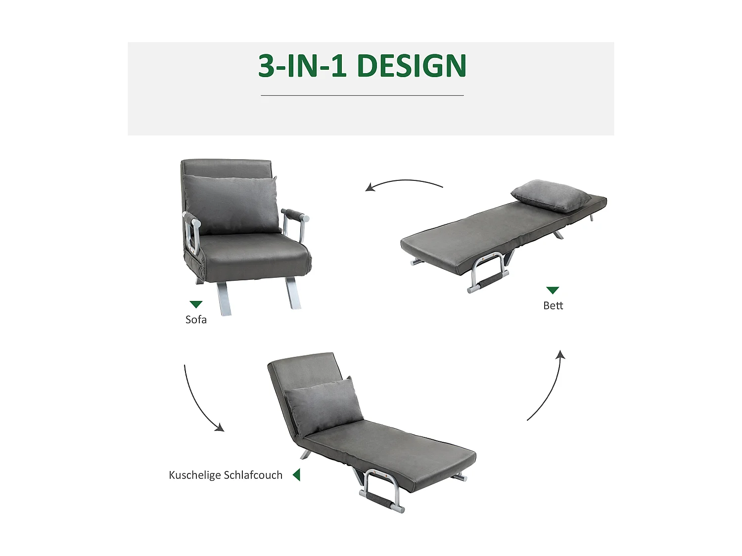 Sofá convertible 3 en 1 en piel sintética 65x69x80cm sillón cama de invitados gris