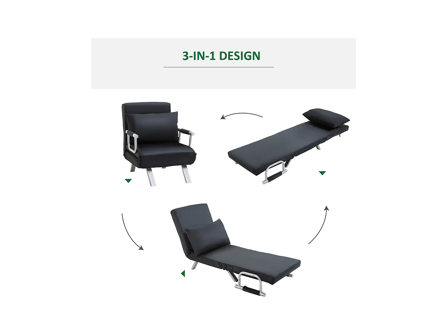 Sofá cama 2 en 1 negro con respaldo ajustable, cojín y funda extraíble para sala de estar