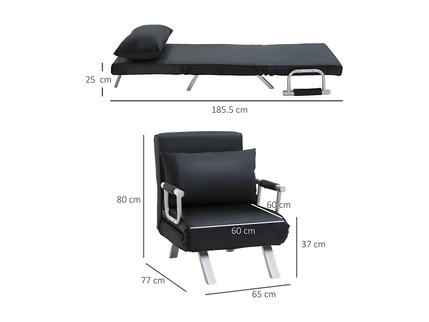 Sofá-cama 2 em 1 preto com encosto ajustável, almofada e capa removível para sala de estar