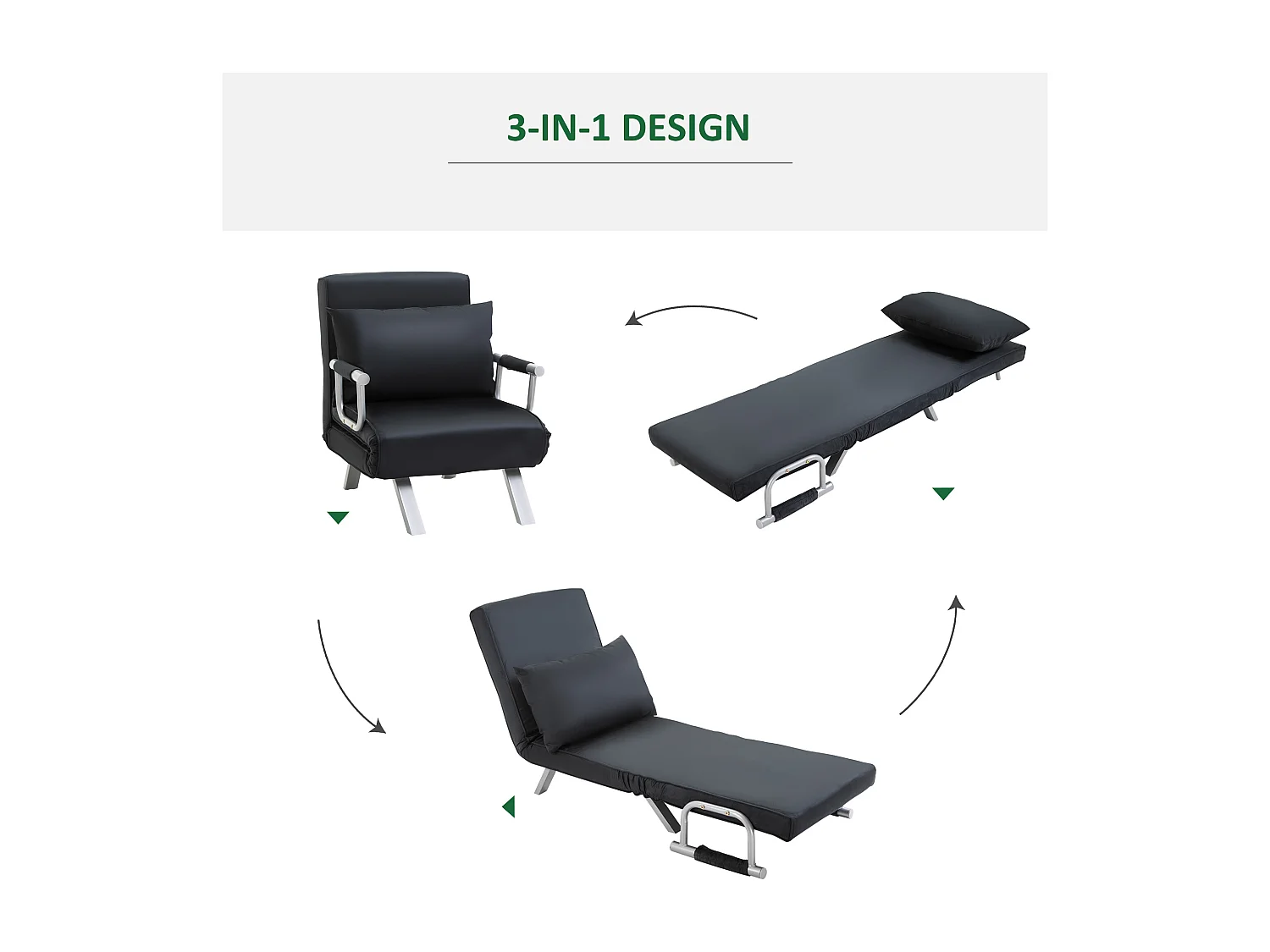 Sofá-cama 2 em 1 preto com encosto ajustável, almofada e capa removível para sala de estar