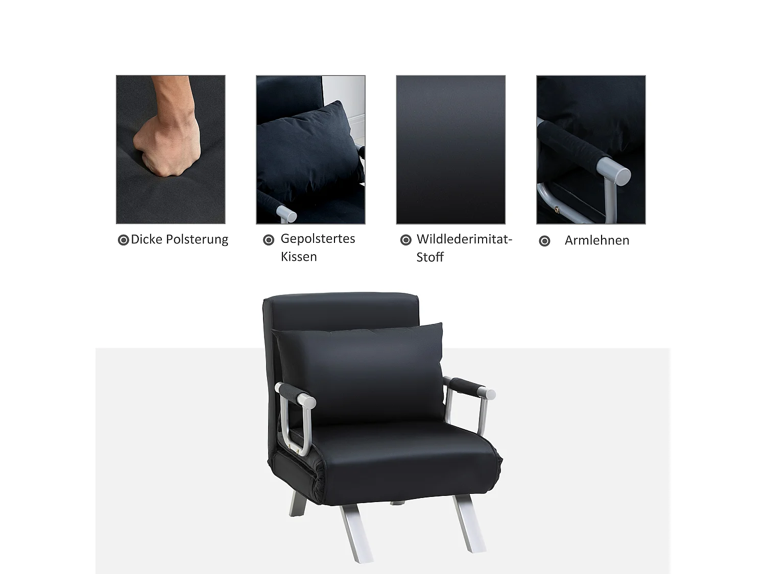 Sofá-cama 2 em 1 preto com encosto ajustável, almofada e capa removível para sala de estar