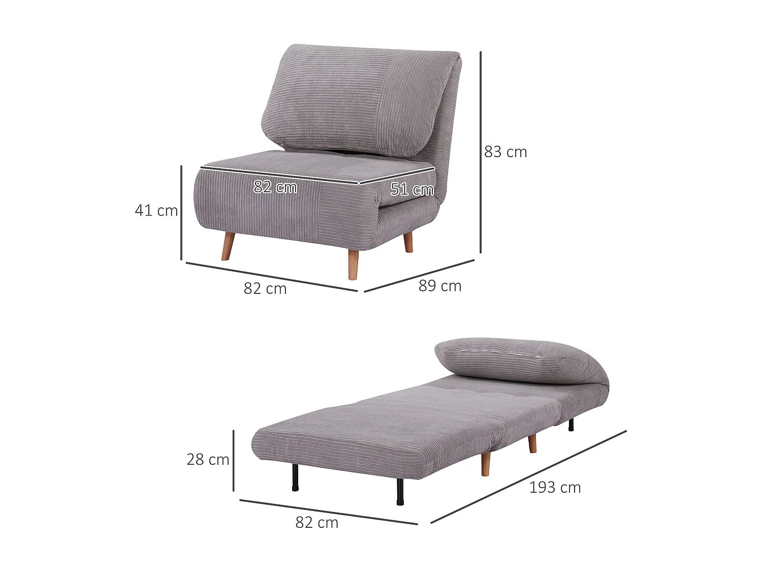 Sofá cama 2 en 1 de pana gris claro con respaldo regulable, convertible en cama