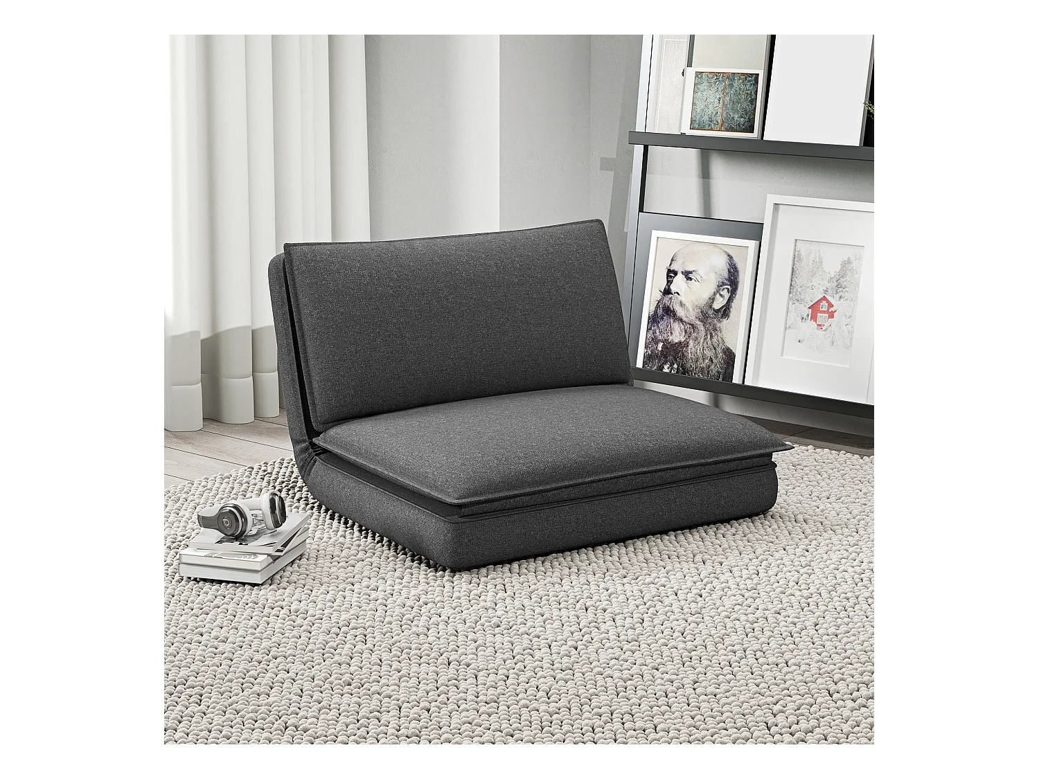 Sofá cama plegable 4 en 1 de lino Bodensofa con cojín gris oscuro, 150 kg