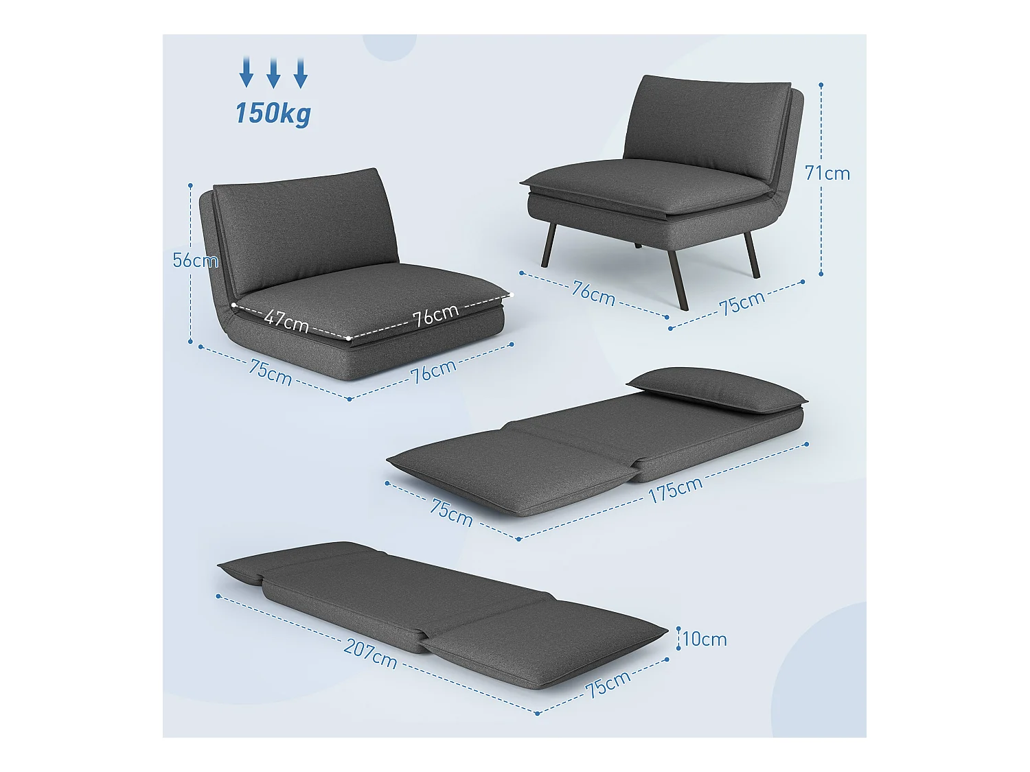 Sofá cama plegable 4 en 1 de lino Bodensofa con cojín gris oscuro, 150 kg