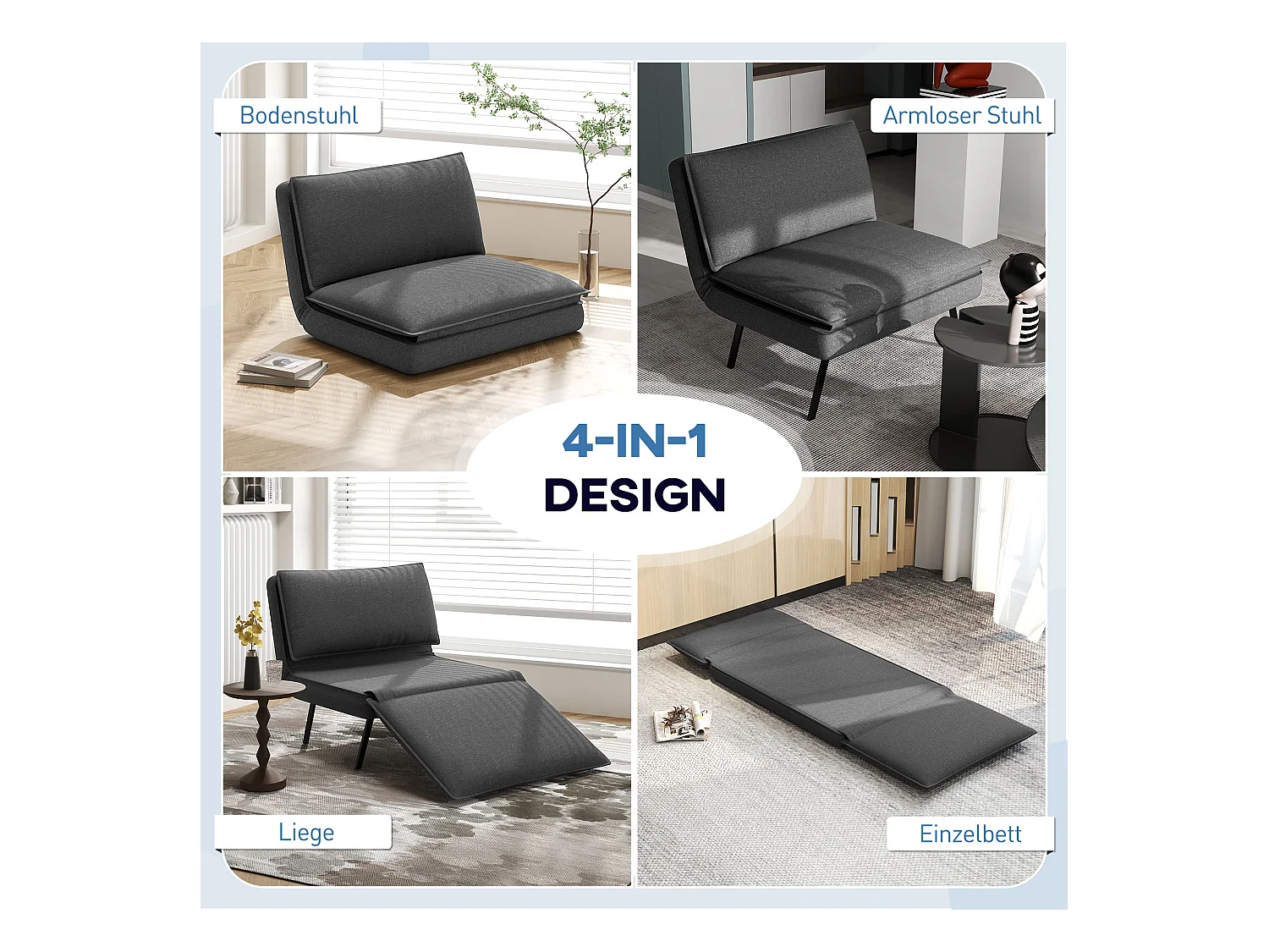 Sofá cama plegable 4 en 1 de lino Bodensofa con cojín gris oscuro, 150 kg