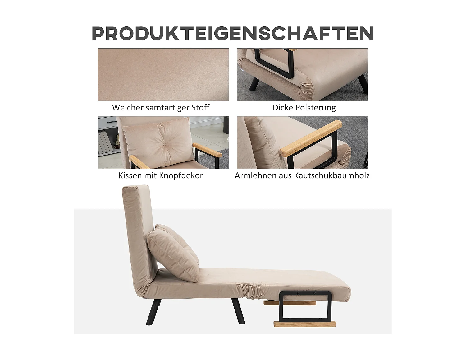 Poltrona conversível de veludo com cama integrada almofada ajustável 63x73x81 cm sala de estar bege