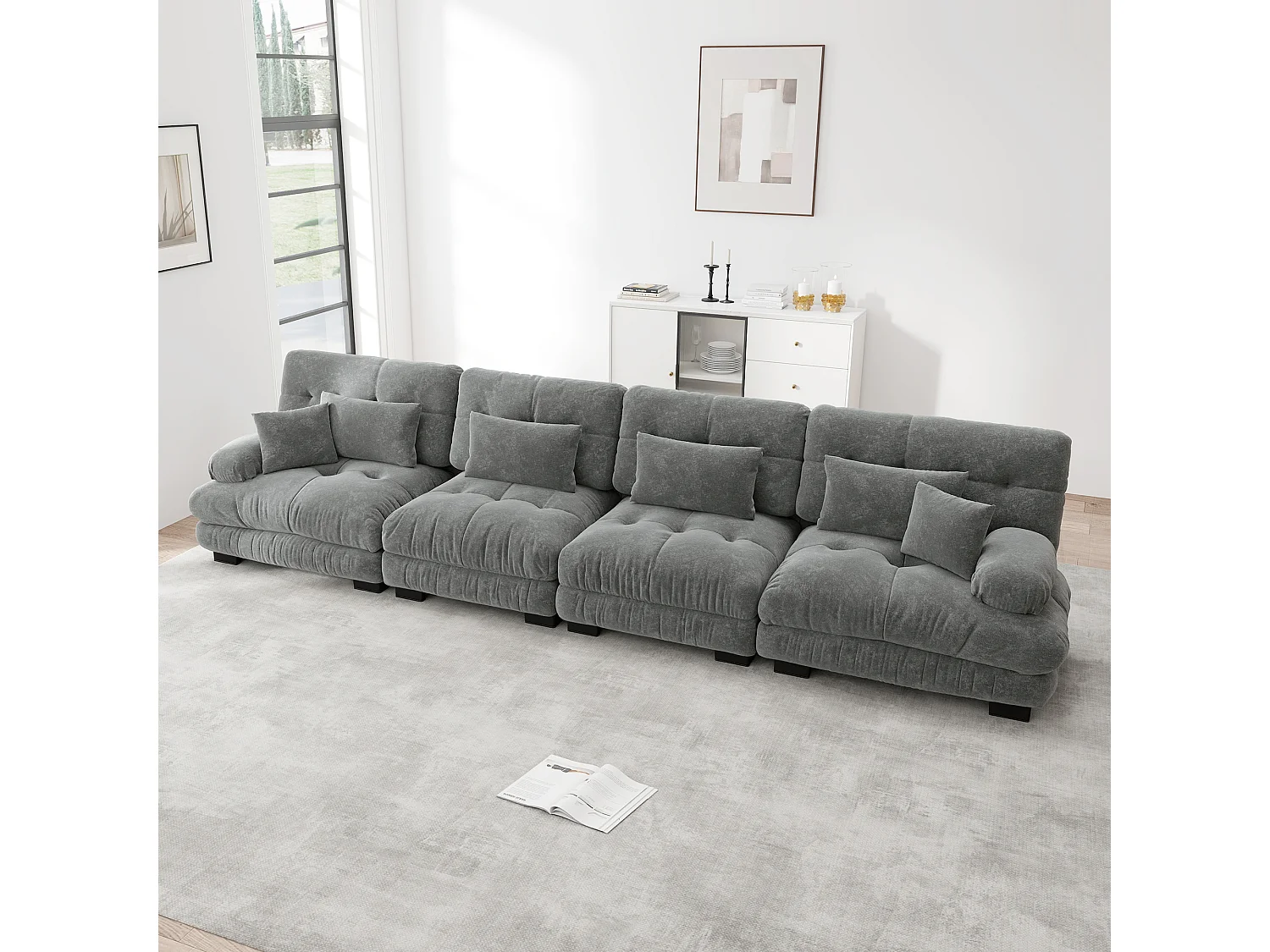 Canapé modulabile 4 posti grigio in ciniglia assise profonde convertibile pour salon appartement