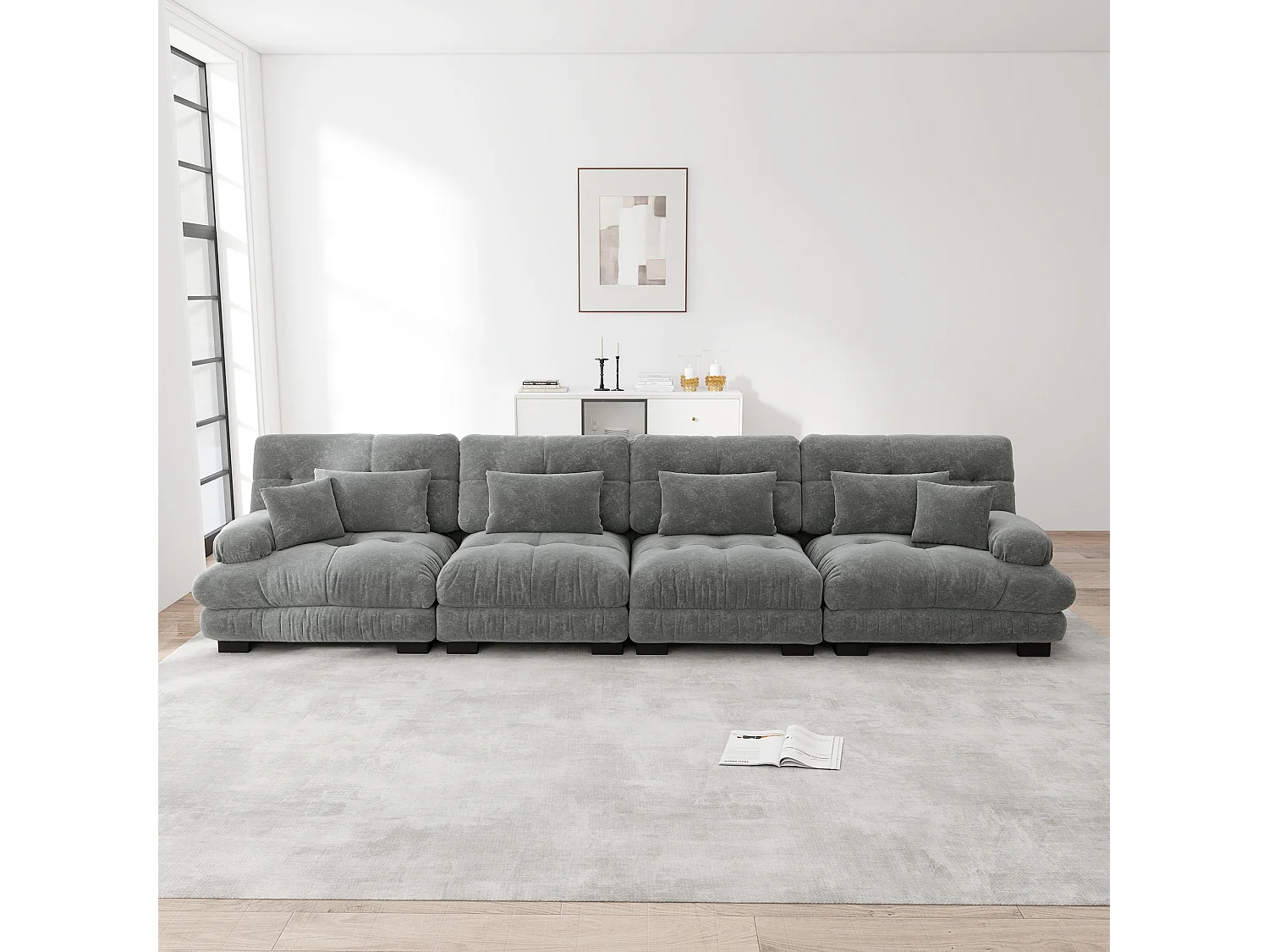 Canapé modulabile 4 posti grigio in ciniglia assise profonde convertibile pour salon appartement