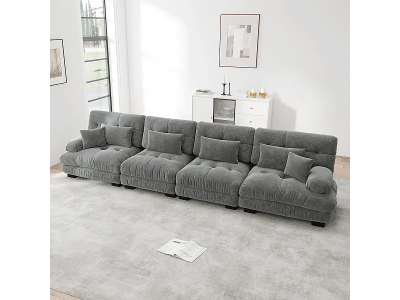 Canapé modulabile 4 posti grigio in ciniglia assise profonde convertibile pour salon appartement