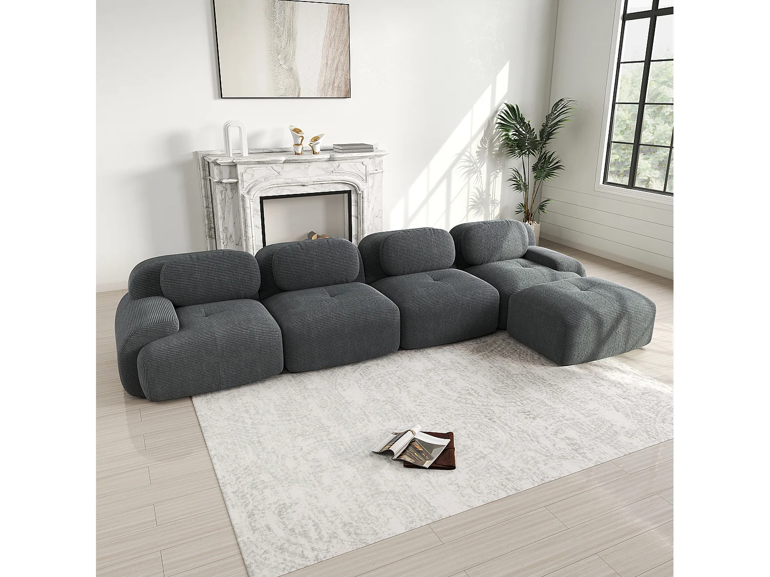 Canapé modulabile 4 posti velluto a coste mousse 32D chaiselongue ergonomica salon gris