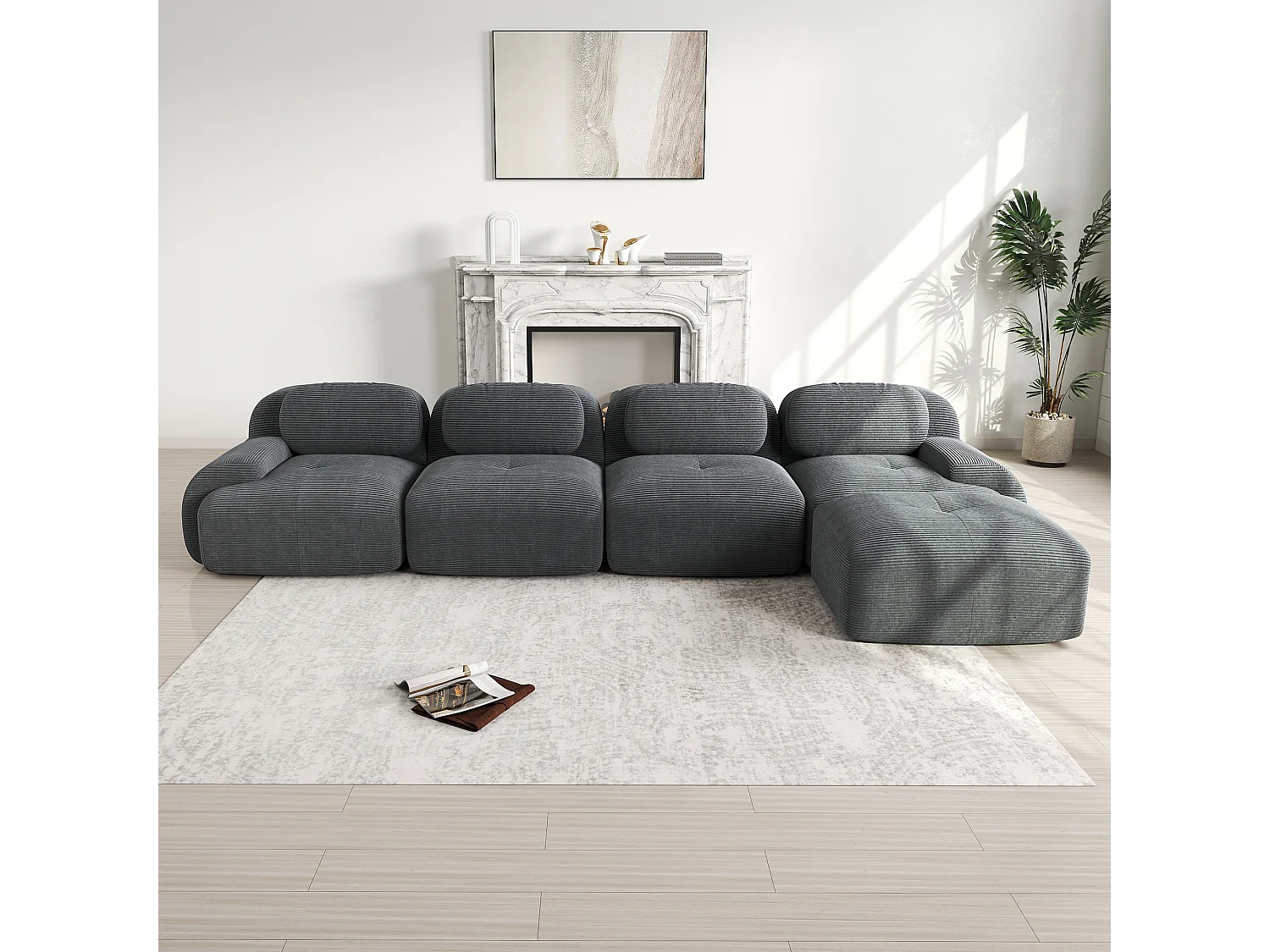 Canapé modulabile 4 posti velluto a coste mousse 32D chaiselongue ergonomica salon gris
