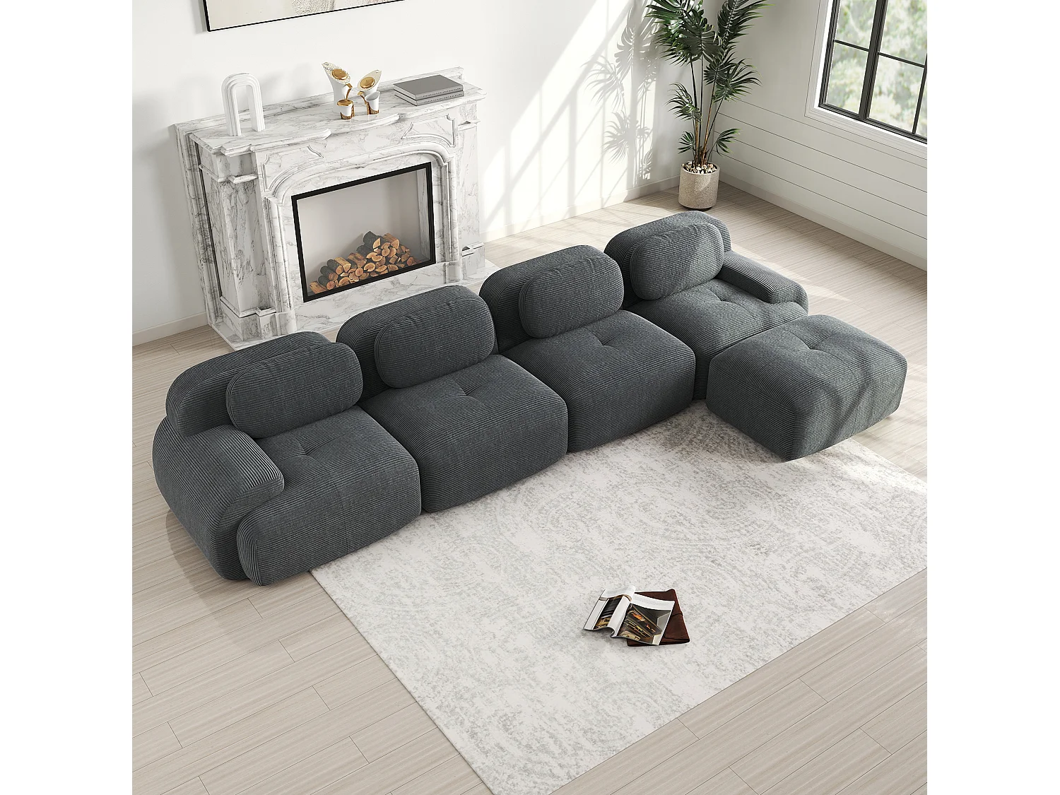 Canapé modulabile 4 posti velluto a coste mousse 32D chaiselongue ergonomica salon gris