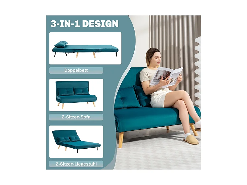 Sofá cama de 2 plazas en tela verde oscuro, cama clic-clac 190 cm, metal, salón, dormitorio