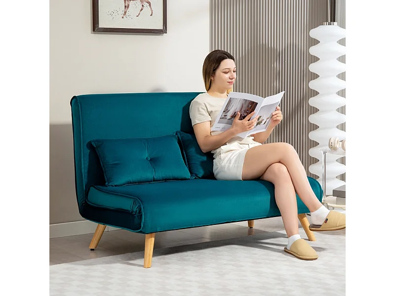 Sofá-cama de 2 lugares em tecido verde escuro, cama click-clack 190 cm, metal, sala de estar, quarto