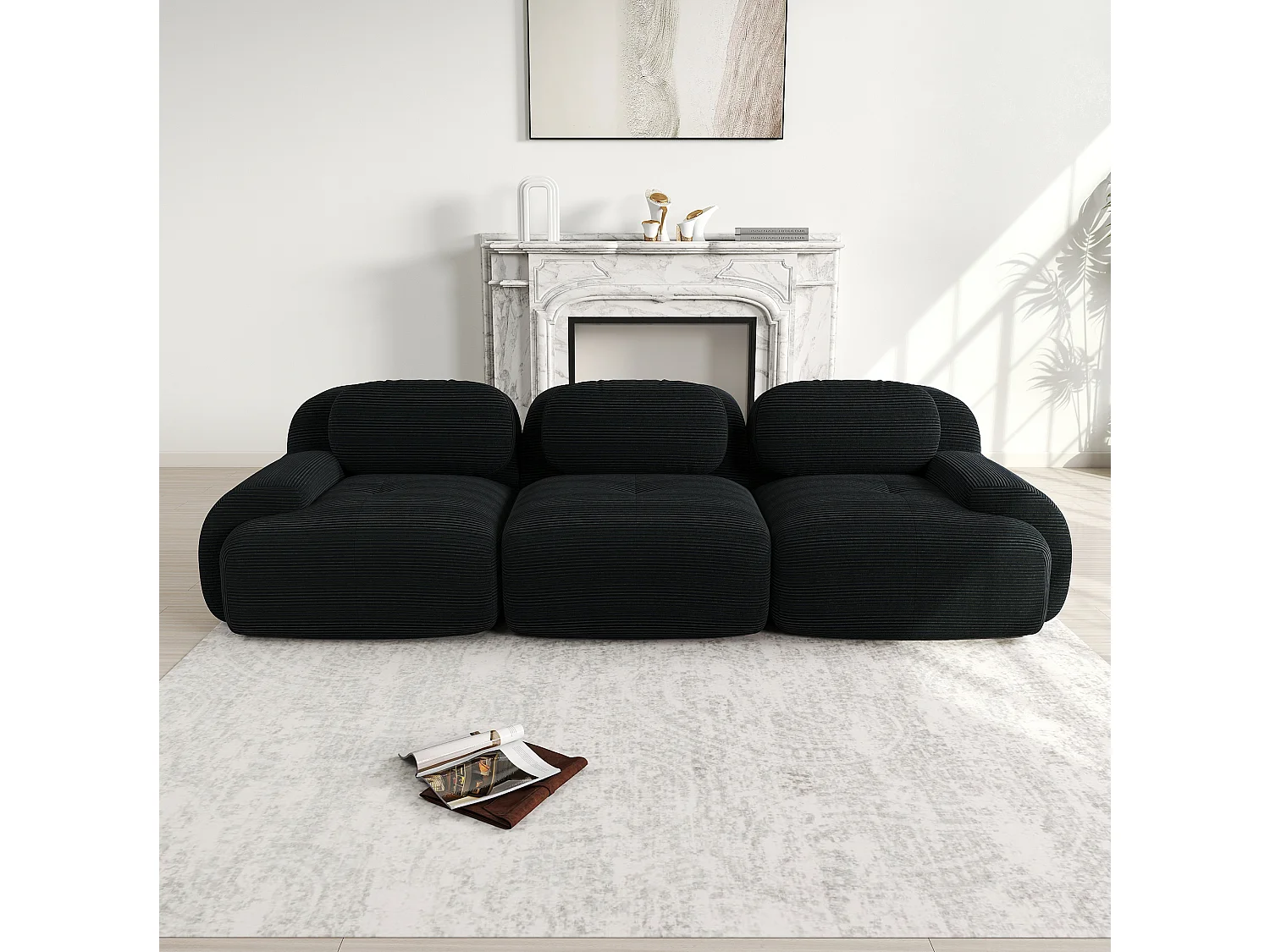 Canapé 3 posti velluto côtelé modulabile ergonomico senza montaggio nero per salone camera