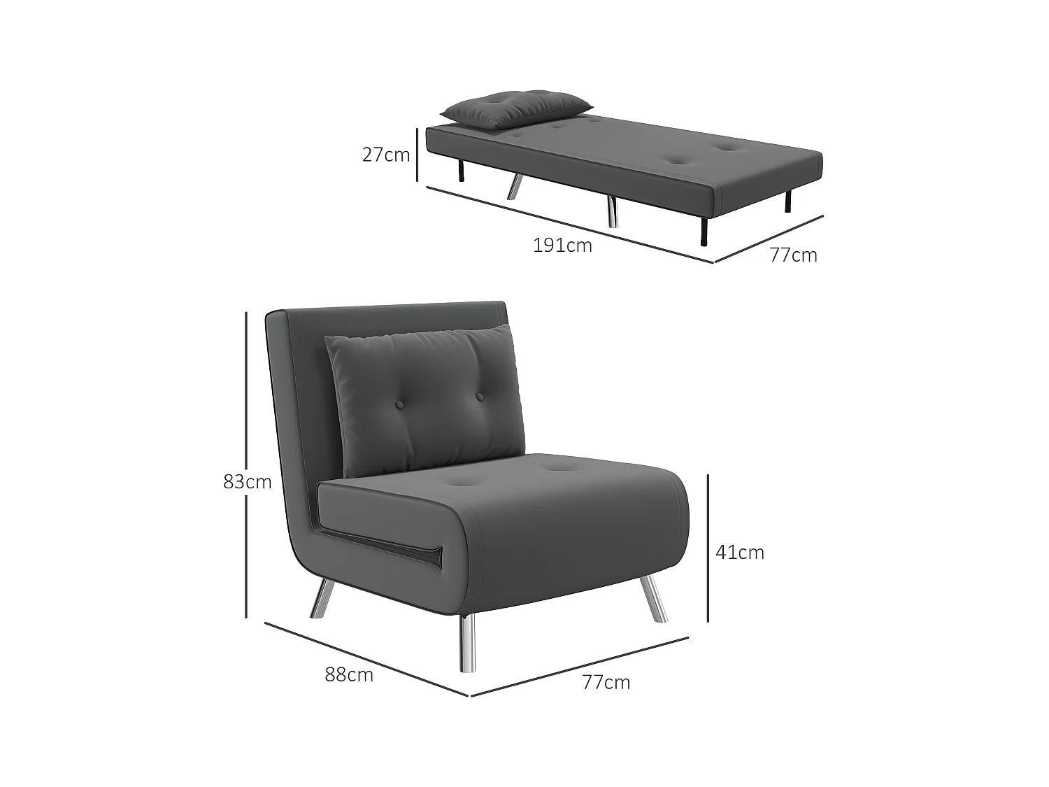Sillón convertible 3 en 1 con colchón y cojín, gris oscuro, para salón y dormitorio