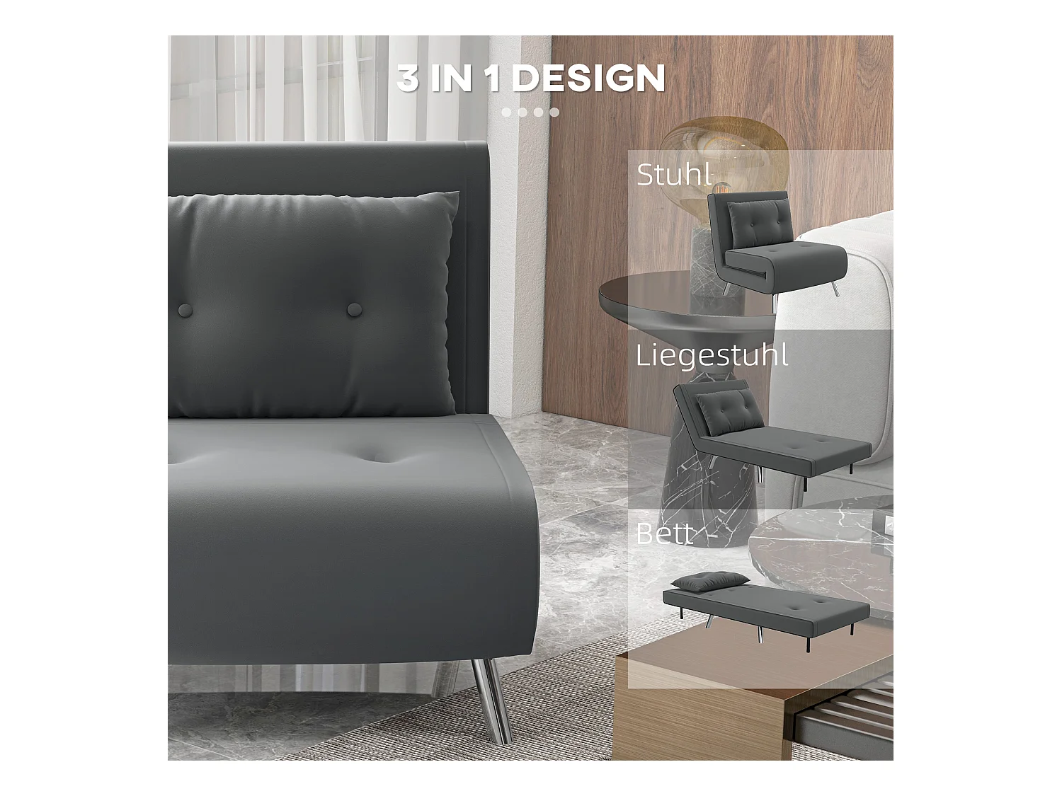 Sillón convertible 3 en 1 con colchón y cojín, gris oscuro, para salón y dormitorio