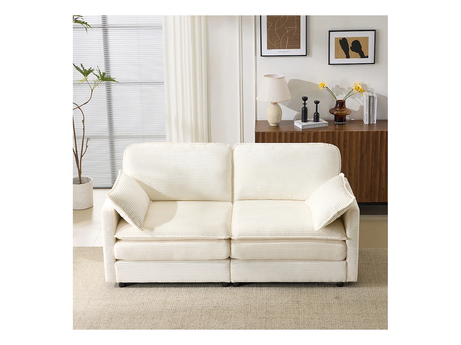 Sofá de 2 lugares com tecido canelado, moderno e confortável para sala de estar, quarto, cinza