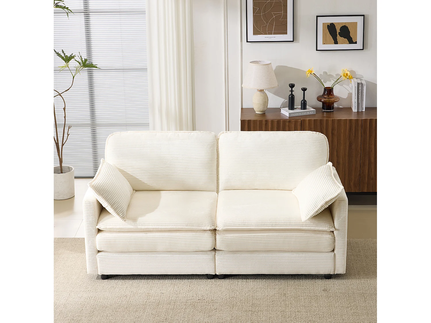 Sofá de 2 lugares com tecido canelado, moderno e confortável para sala de estar, quarto, cinza