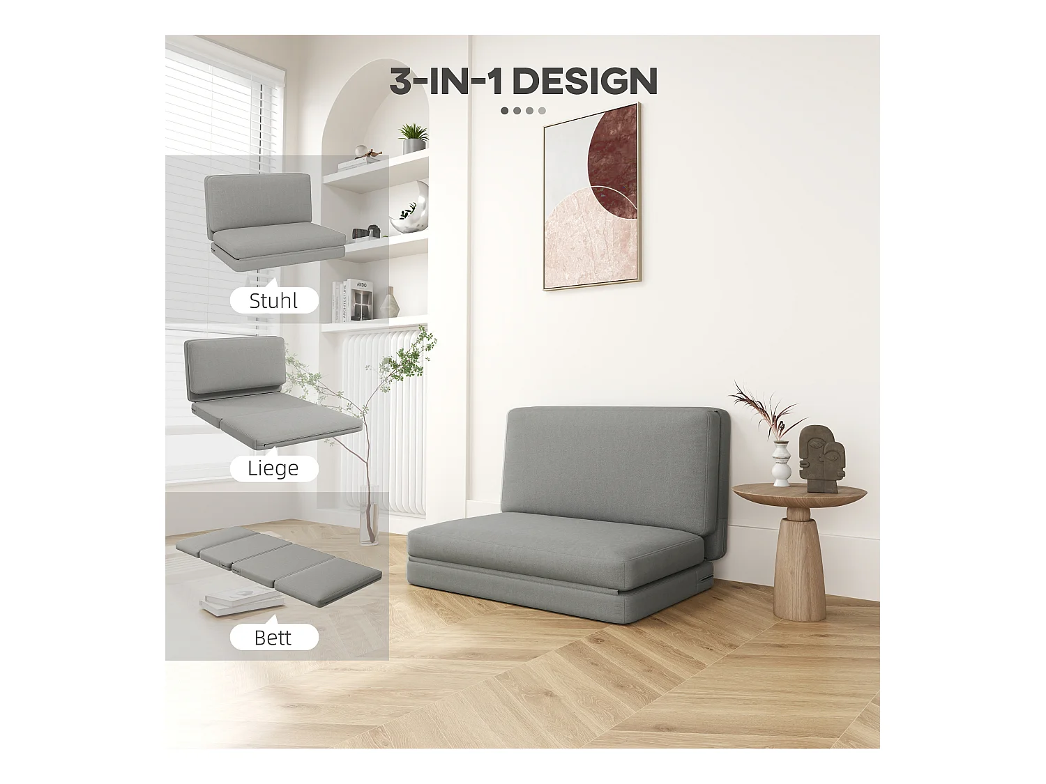 Sofá cama convertible 3 en 1 de terciopelo Bodensofa, tapizado en gris claro, 240 kg